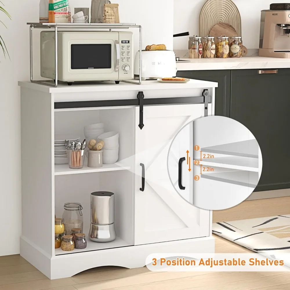 31.5" H Farmhouse Coffee Bar Cabinet W/Storage, White Kitchen Sideboard Buffet Cabinet with Sliding Barn Door,Adjustable Shelves 3