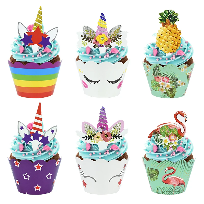 

12set Rainbow Unicorn Cupcake Wrappers Cake Toppers Unicorn Birthday Party Cake Decoration Baby Shower Happy Unicorn Party Decor