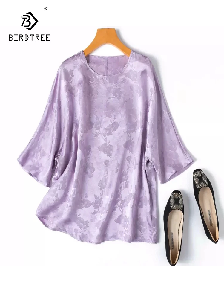 

BirdTree, 20MM 100%Real Silk Elegant T-Shirt, Women Batwing Sleeve Jacquard, Versatile OL Chinese Tops, 2024 Summer New T45640QC