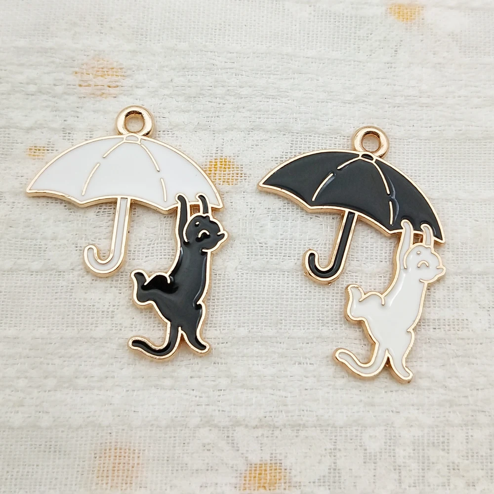 10개 우산 고양이 참 장식품, 쥬얼리 제작용 목걸이 팔찌 열쇠고리 펜던트 DIY 액세서리 공예 합금 금도금