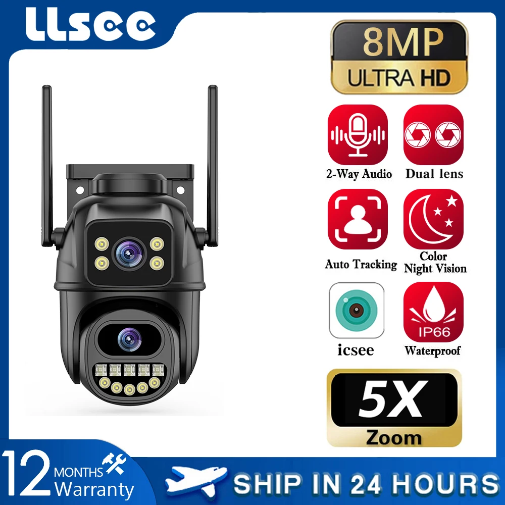 

LLSEE, dual lens, ICSEE, 8MP, CCTV wireless outdoor 360, IP66 waterproof pan tilt security camera IP WIFI connection 4K monitor