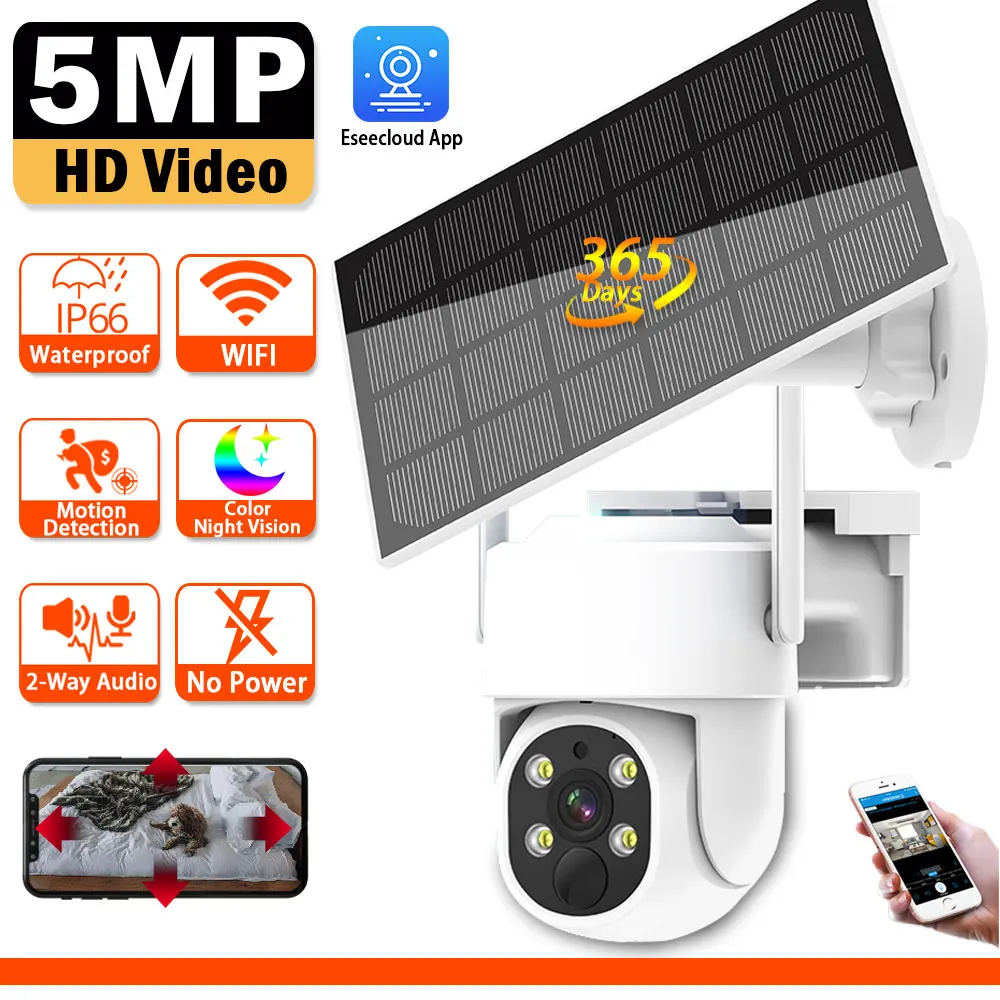 Telecamera Solare Wifi 5Mp Pir Rilevamento Umano Sicurezza Esterna Con Pannello Solare Telecamera Di Sorveglianza Wireless Ptz Per La Casa Intelligent