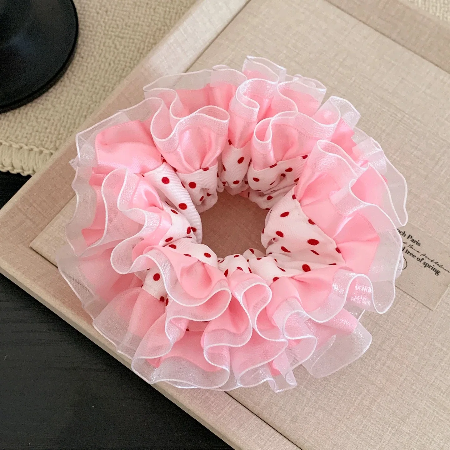 Elegant Ballet-Style Pink Polka Dot Hair Scrunchie