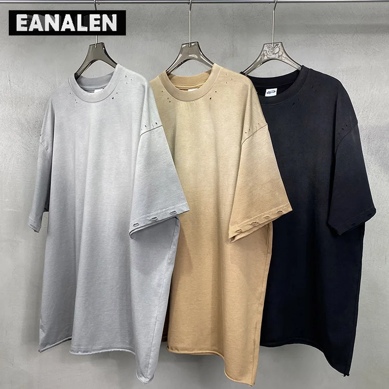 

Футболка в стиле Харадзюку для мужчин и женщин, градиентная рубашка в стиле ретро, уличный костюм оверсайз в стиле панк-рок, футболка из чистого хлопка с короткими рукавами с дырками