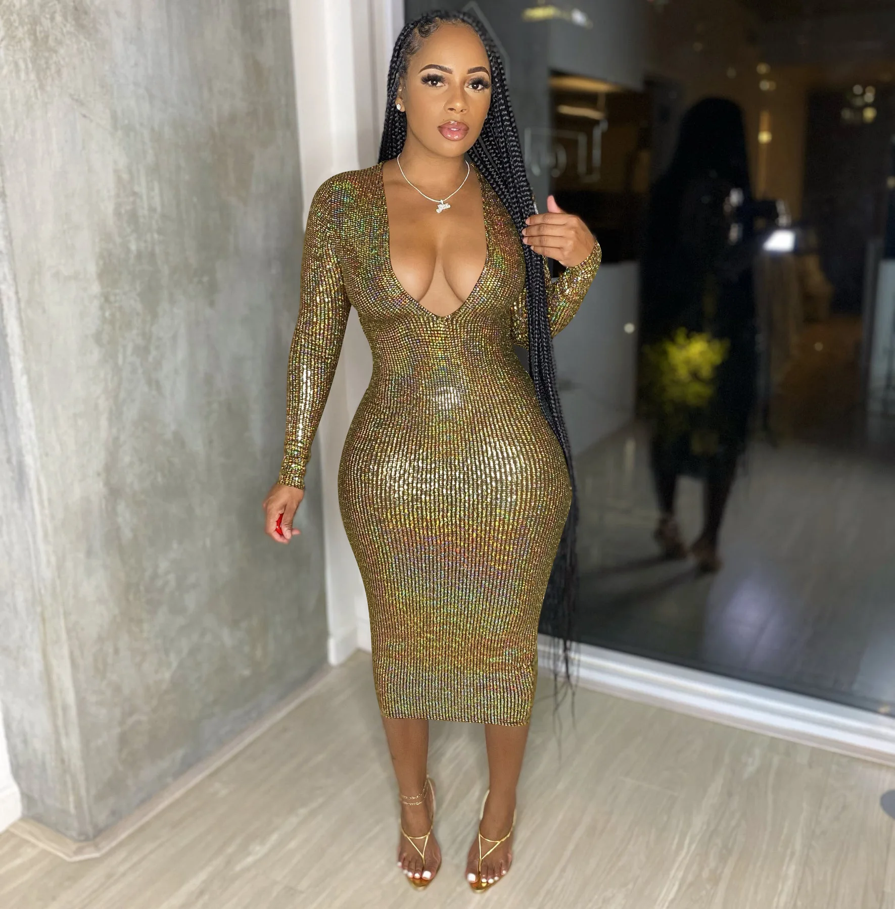 Robe Brillante Métallique Sans Manches - Coupe Ajustée, épaules Dénudées - Pour Soirée, Club, Cocktail - Taille M à XL