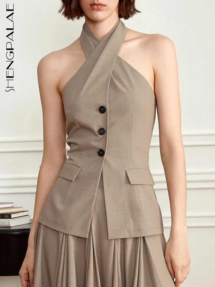 

SHENGPALAE Fashion Women's Vest Cross Design Halter Single Breasted Sleeveless Solid Color Waistcoat Summer 2023 New Tide 5R5157