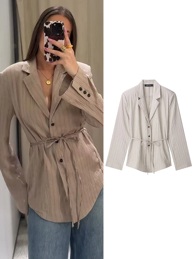 TFMLN New Women Blazer with Belt Lapel Long Sleeve Single Breasted Striped Leisure Jacket Spring Summer Chic OL Blazer Coats