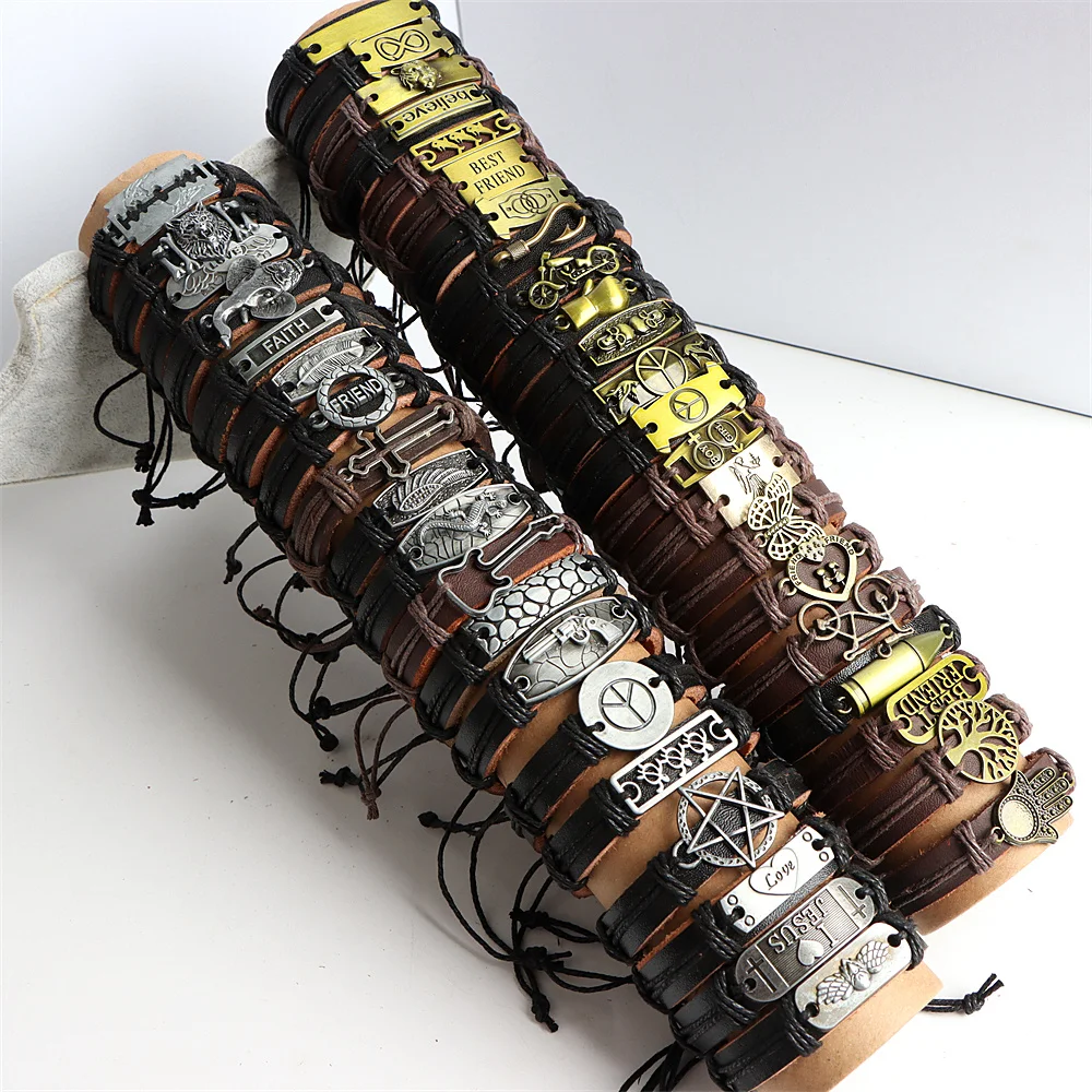 Garosa 6Pcs Bracelet Hand‑Woven Split Leather Braided PU Men's Women's  Retro Wristband Vintage Punk Black Leather Bracelets Gifts 23cm Multi-Piece