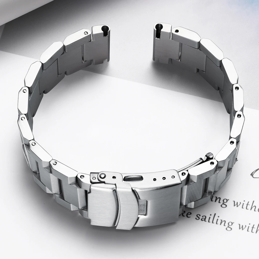 Stainless Steel Diving Strap Watch Accessories Simple Folding Buckle Metal Bracelet Men's Fashion Silver Solid Metal Wristband
