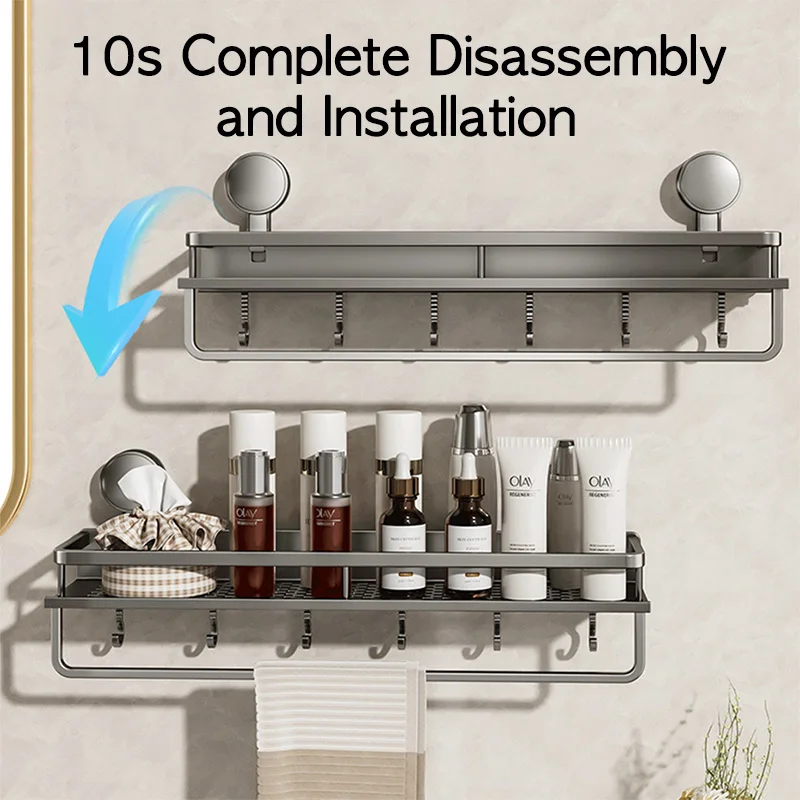 Suction Cup Mount Bathroom Shelf with Towel Holder Removable Hooks No Drill Hanging Bath Room Basket Shampoo Storage Rack Tray storage rack bathroom shelf shower shelf bathroom storage shelf storage shelf bathroom accessories shower rack bathroom corner shelf shampoo rack floating shelves