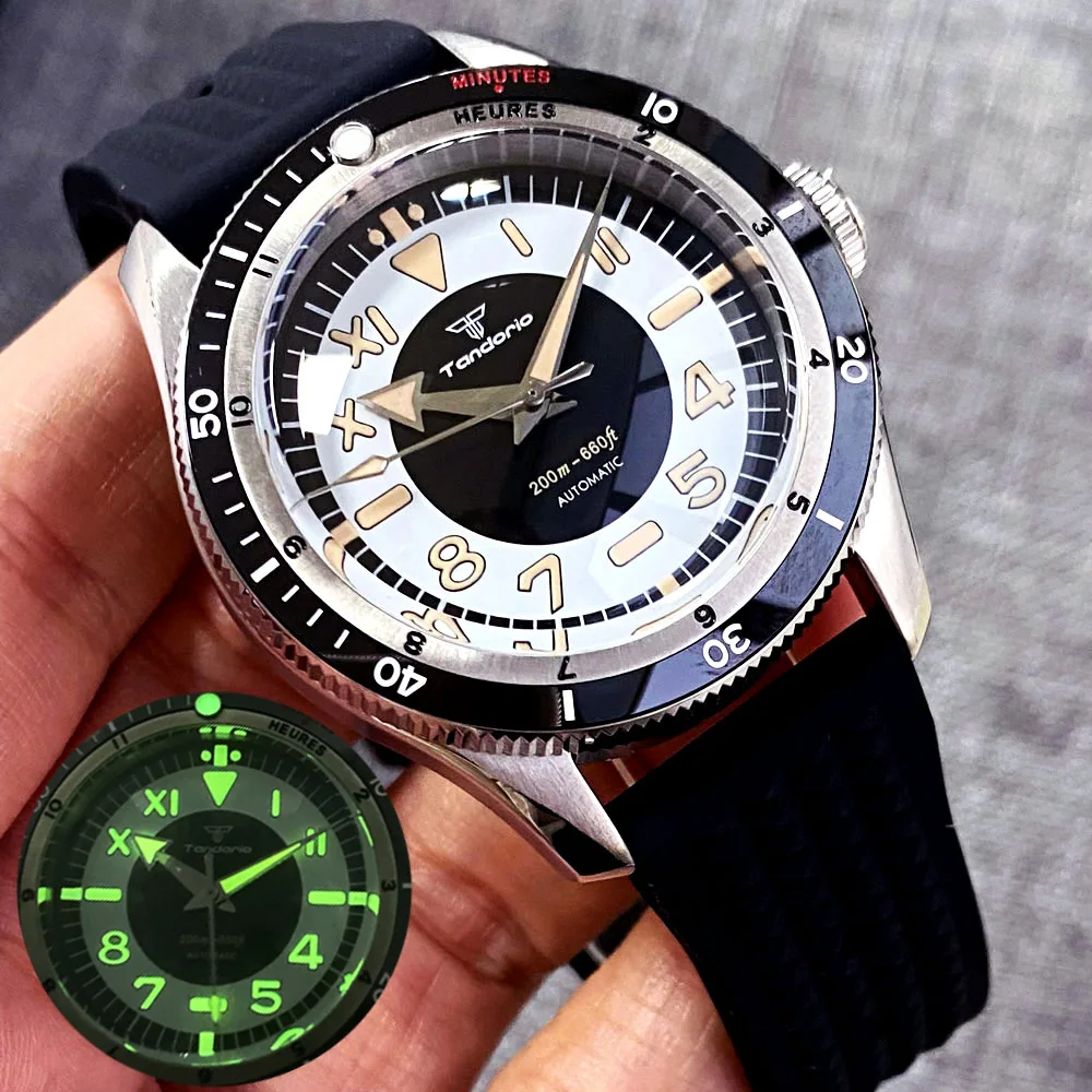 Tandorio Vintage 20ATM Dive Swim Watches Domed Sapphire Black White NH35 PT5000 40mm Automatic Mechanical Men Watch Luminous New