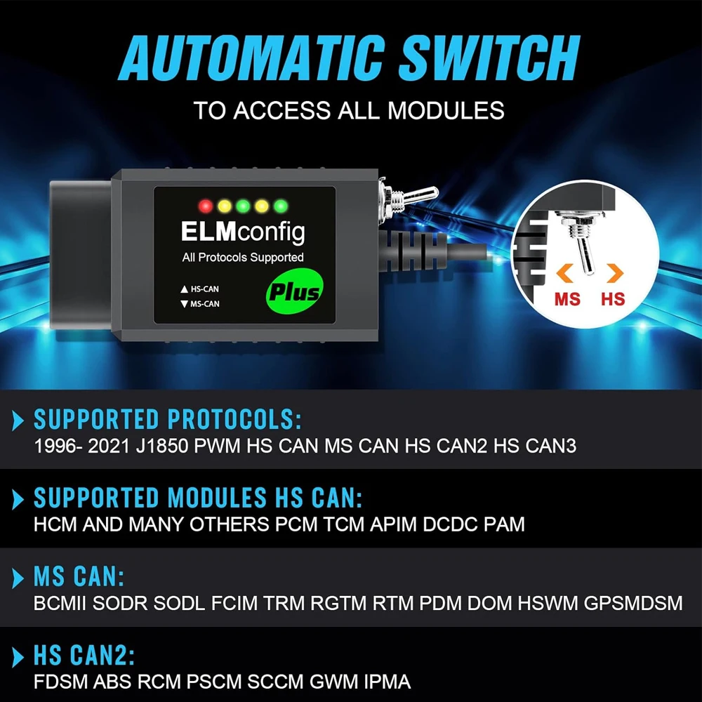 FORscan USB OBD2 ELM327 V1.5 Diagnostic Scanner Tool with Switch PIC18F25K80 Chip HS/MS CAN Code Reader For Ford