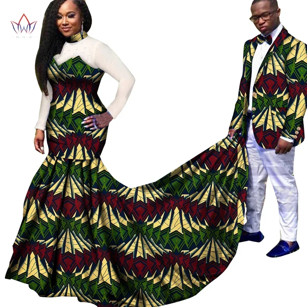 African Couple Clothes Peals Yarn Long Sleeve Dress for Women Riche Men Print Blazer Suits Traditional Party Wedding Clothing