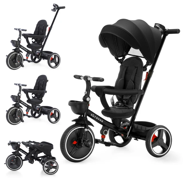 Tricycle pliable pour enfants avec poignée Parent réglable, freins de roue et capot amovible, Tricycle avec dossier et siège 1