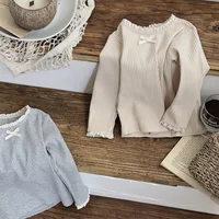 2024 Autumn New Baby Girls Lace Collar Long Sleeve Tops Solid Infant Toddler Cute Bow Princess Bottoming Shirts Cotton Clothes 3