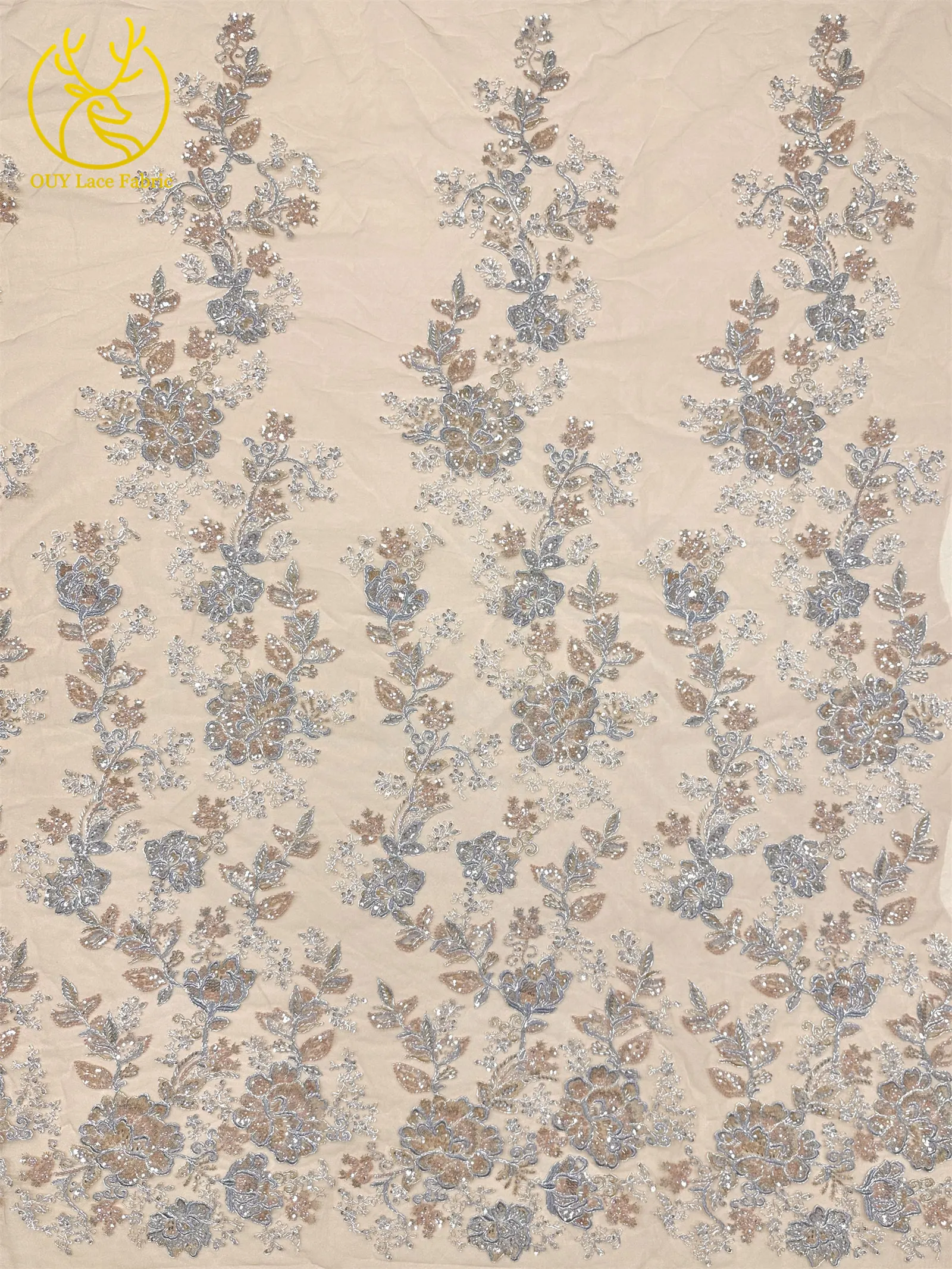 Tessuto in Pizzo Ricamato a Mano di Alta Qualità con Fiori e Perline, Tessuto in Pizzo Africano con Paillettes per Abiti da Sposa - immagine 4