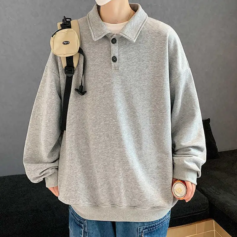 Fashion Lapel ButtonSolid Color Loose Sweatshirts Men's Clothing 2023 Autumn Winter New Casual Pullovers All-match Sweatshirts