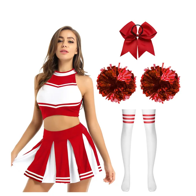 Crop Top Minigonna Costume Cheerleader Bambina Con Pon Pon Top