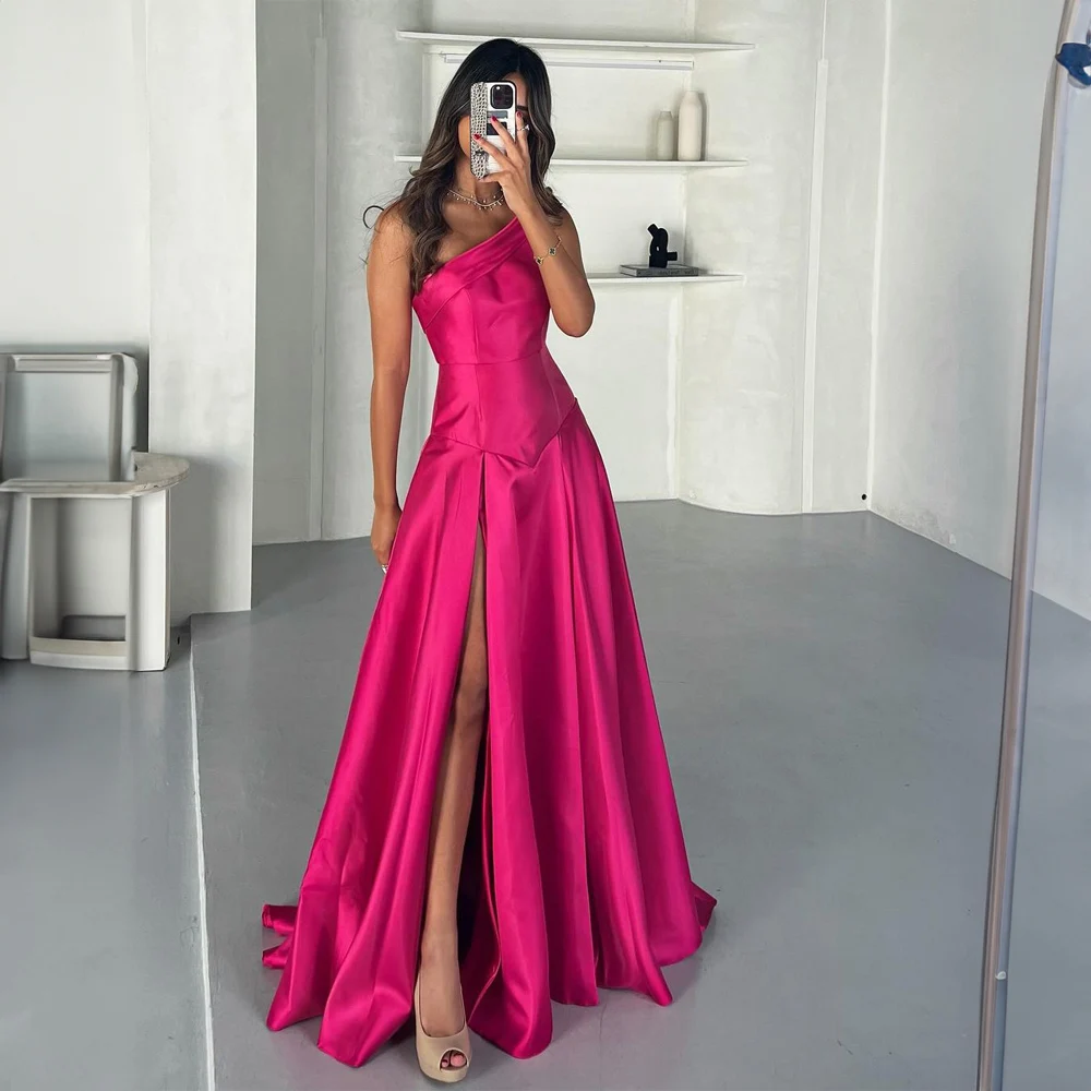 

Classic One Shoulder Satin Pleated Evening Dress Side Split Court Evening Gown Floor-Length Party Gown for Women فساتين السهرة