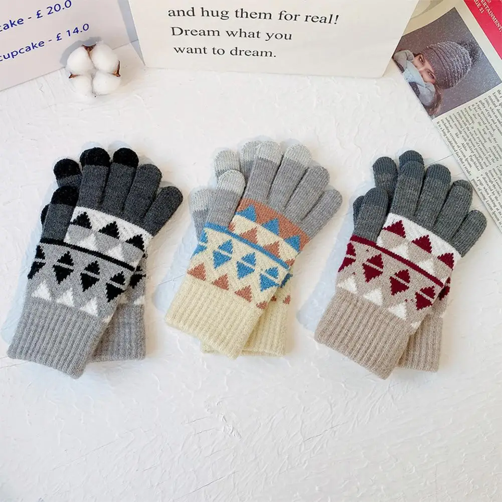 1 Pair Women Winter Gloves Windproof Soft Plush Touch Screen Knitted Gloves Thick Elastic Five Fingers Outdoor Cycling Glovess