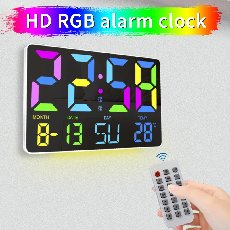 RGB 디지털 벽시계, 온도 날짜 주, 리모컨 무드 라이트 포함, 자동 디밍 스누즈 테이블 시계, 12, 24H 2 알람 LED 시계 