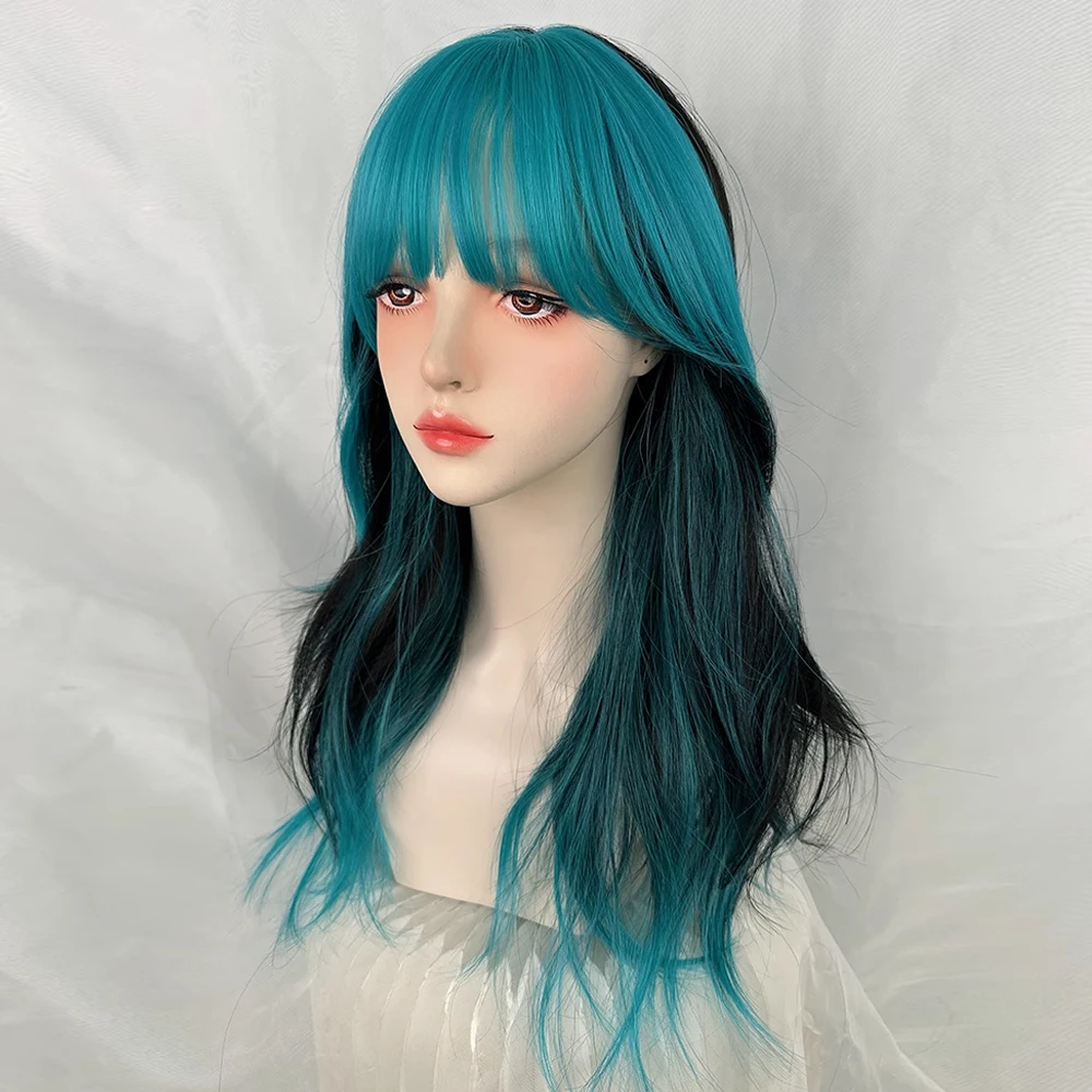 VICWIG-Peruca de Cabelo Sintético Ondulado Longo com Franja para Mulher, Ombre, Preto, Azul, Blend, Lolita Cosplay, Fofo, Festa Diária