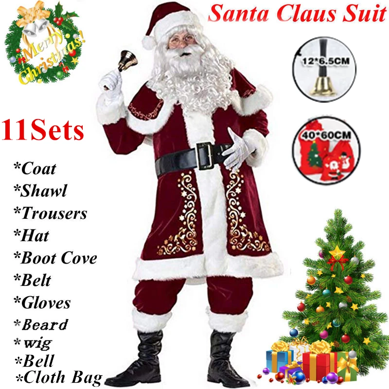 Nieuwe Red Deluxe Fluwelen Fancy Dress Up Party Man Stadium Kostuum Xmas Kerstman Pak Volwassen Oversize Kerst Cosplay Kostuum