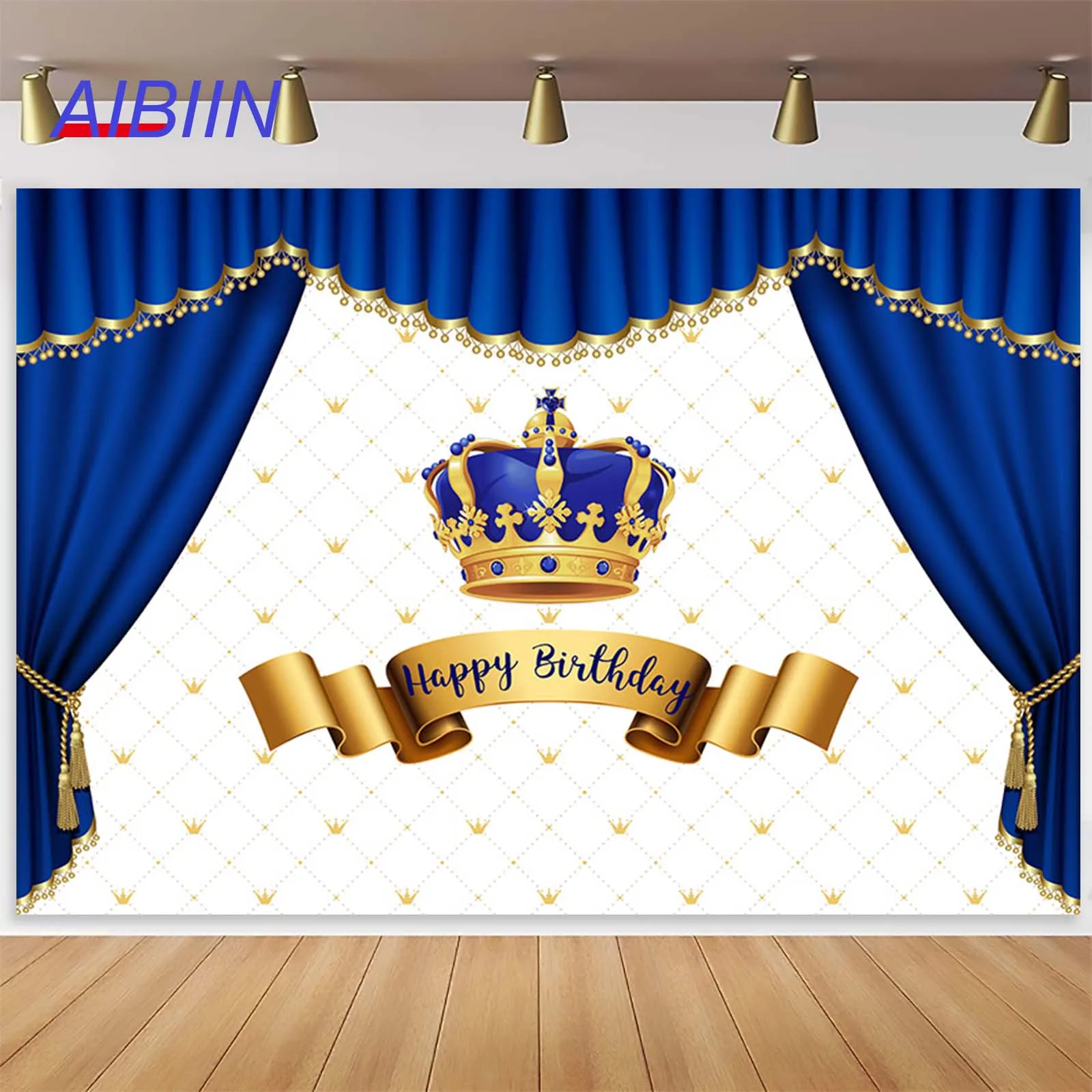 

AIBIIN Royal Blue Happy Birthday Backdrop Gold Sapphire Crown Photography Background Little Prince Party Decor Cake Table Banner