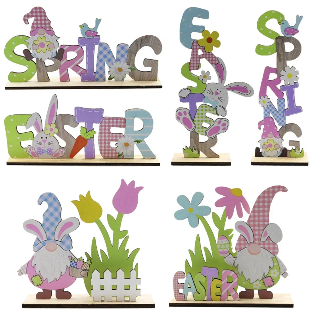 

Easter Decoration Wooden Signs DIY Wood Craft for Spring Easter Rabbit Flower Gnome Ornament Desktop Centerpieces Decor Sign
