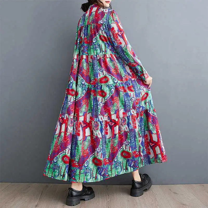 Women's Cotton Linen Dress Long Sleeve O Neck Loose