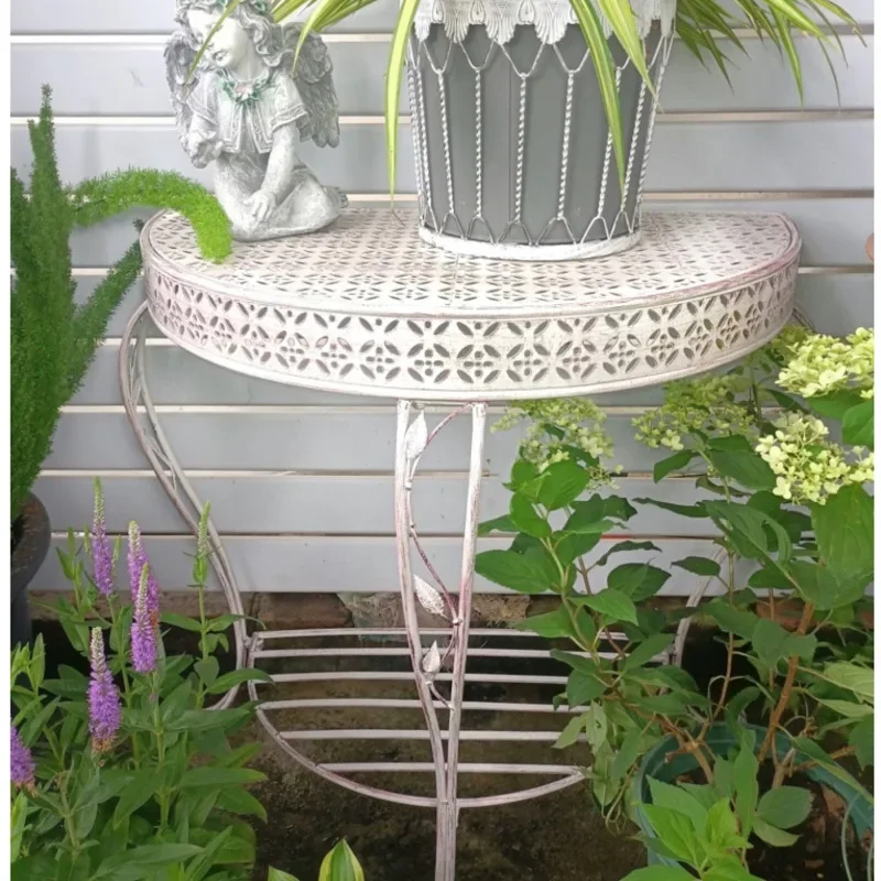 Outdoor Courtyard Flower Rack against Wall, Standing Plant Shelves, Iron Do Old Floral Table Foyer Semi-circular Storage Shelf