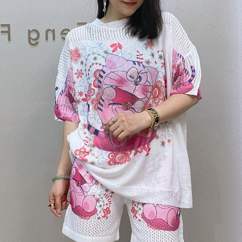 

Summer Women 2piecs Suit Short-Sleeved +Shorts pants Two-Piece Suit Cartoon Print Sweater Two piece Sets