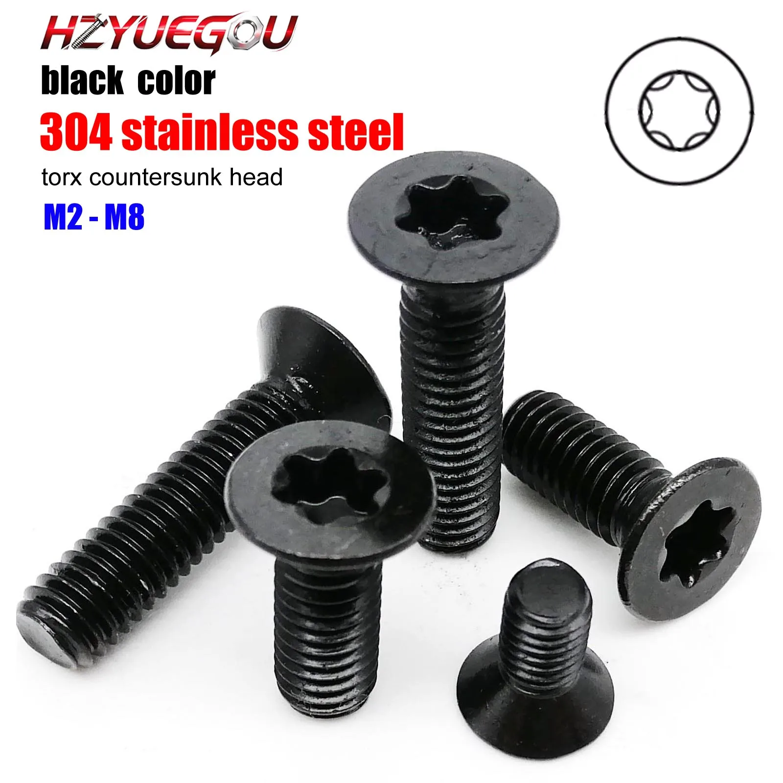 HZYUEGOU M2 M2.5 M3 M4 M5 M6 M8 Schwarz 304 A2-70 Edelstahl GB2673 Sechsrundschraube Sechsrund-Torx-Kopf Flachkopfschraube
