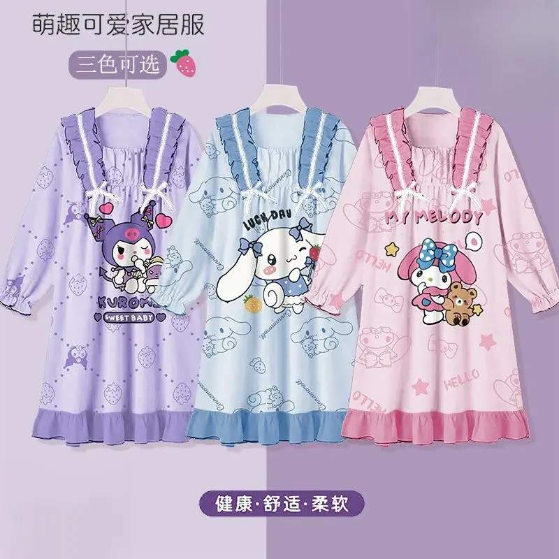 

2024 Cute Kuromi Pajamas Sanrio Kawaii Anime My Melody Cinnamoroll Nightdress Sweet Cute Cartoon Girls Comfortable Long Sleeve