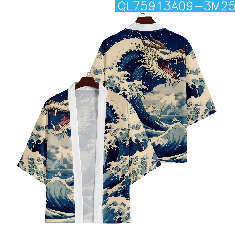 

Japanese Style Dragon Print Traditional Kimono Men Yukata Cardigan Shirts Cosplay Haori Oversized Streetwear Tops