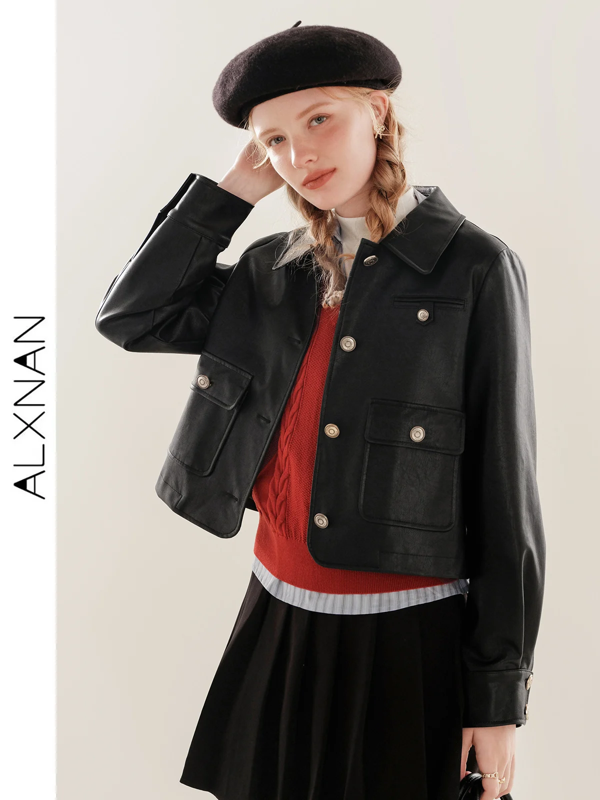 Женская кожаная куртка с длинным рукавом ALXNAN, винтажная однобортная куртка из искусственной кожи с отложным воротником, короткая мотоциклетная куртка TM00320 куртка женская кожаная с отложным воротником на молнии с длинным рукавом