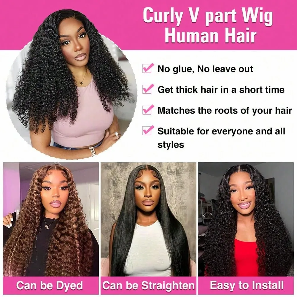 V Part Curly Wig Human Hair Upgrade U Part Wig with Drawstring 250% No Leave Out Glueless V Shape Full Head Clip In Half Wig 5