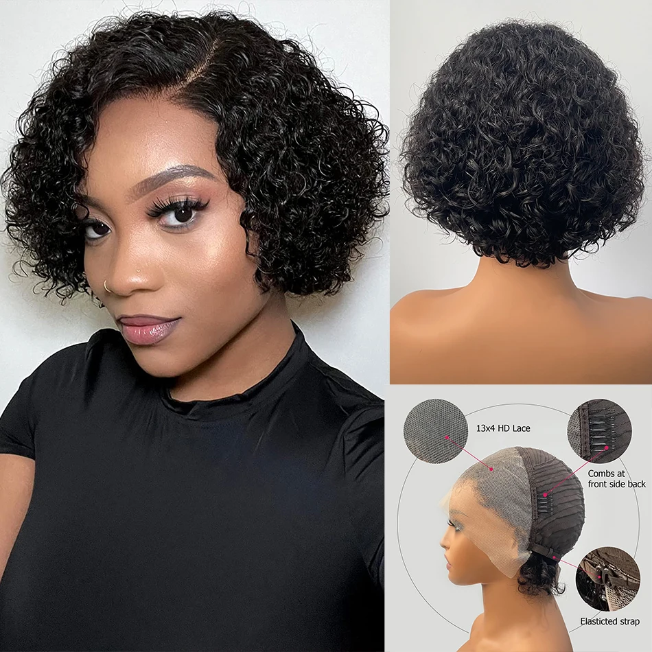 

100% Human Hair Short Pixie Bob Curly 13x4 Lace Frontal Wig Malaysia Hair Ombre Short Wet And Wavy HD Lace Front Wigs For Women