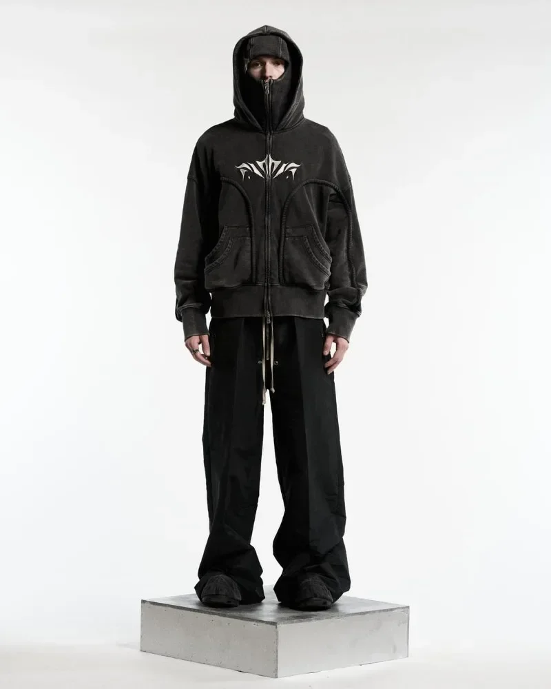 Y2K Harajuku Ninja zip up Hoodie Oversized Embroidered Washed Double Hat sweatshirt American style StreetWear Goth Men Women Top 3
