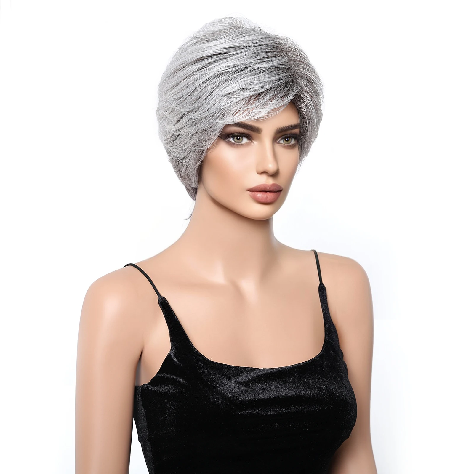 Perruque Synthétique Courte en Couches pour Femme, Cheveux Humains Naturels, Coupe Pixie, Mélange, Gris, Argent, Haute Température