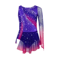 Robe de danse lyrique pour filles, Costume de gymnastique, danse rythmique, couleur contrastée, asymétrique, fendue, strass, justaucorps 2