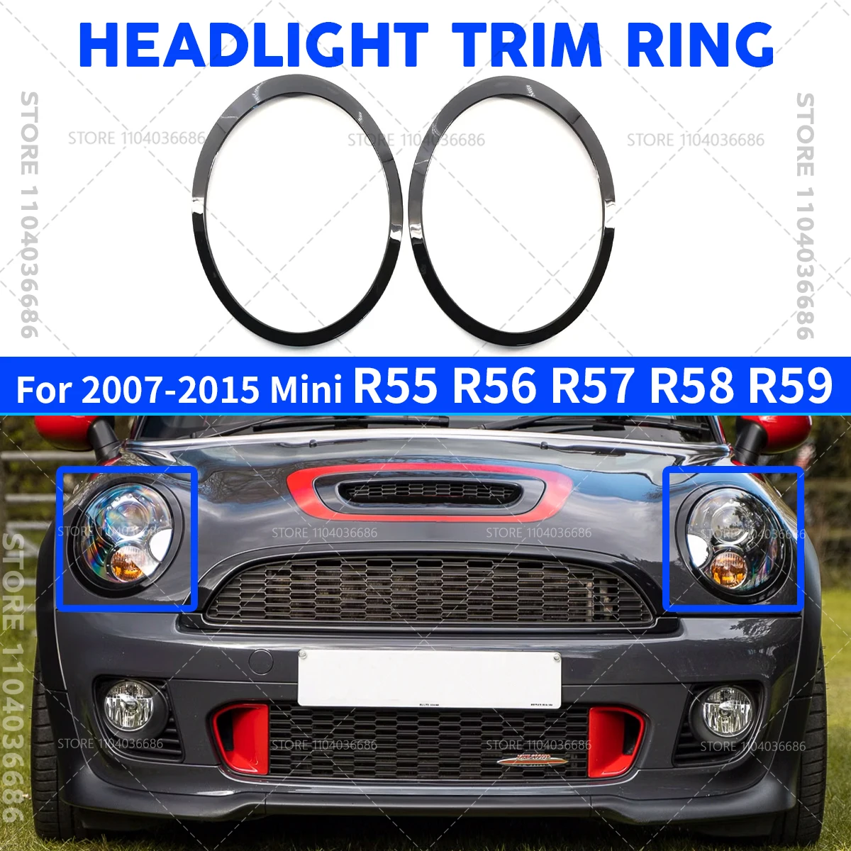 Koplamp Trim Ring Bezel Compatibel met Mini Cooper 2007-2014 R55 R56 R57 R58 R59 Helder Zwart Driver & Passagierszijde (een paar