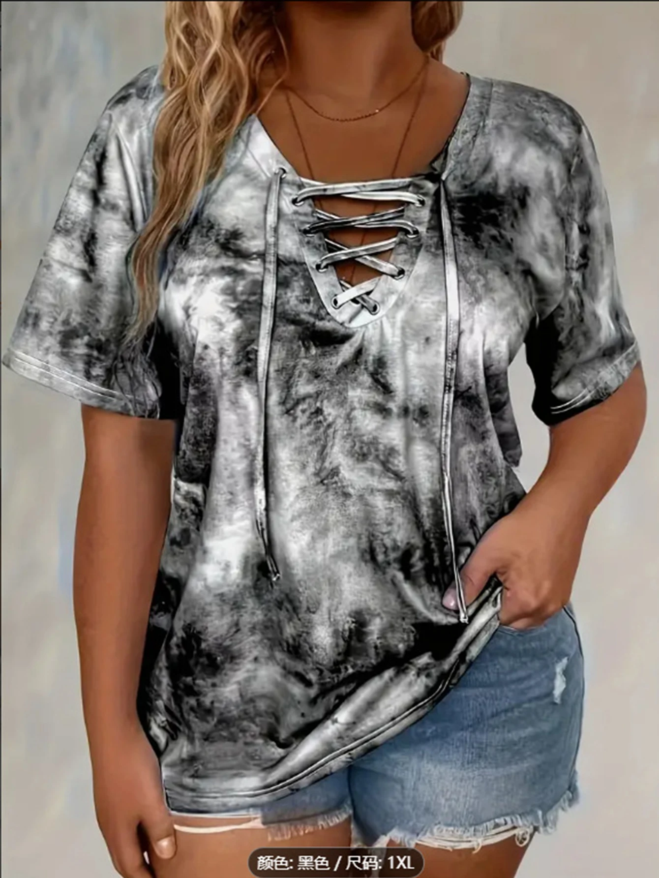Plus size tie-dye printed short-sleeved T-shirt elegant lace-up hanging collar design top spring and summer casual style 4