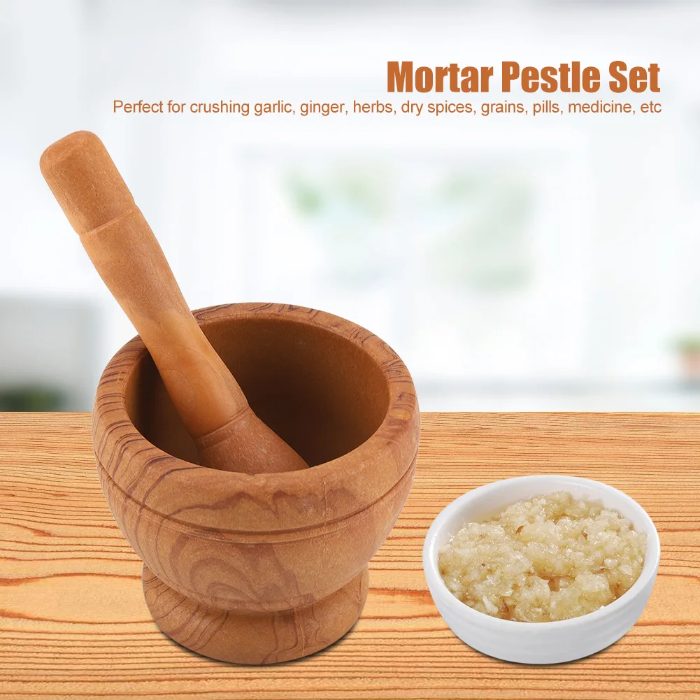 Resin Mortar Pestle Set Garlic Herb Spice Mixing Grinding Crusher Bowl Restaurant Kitchen Tools With Wood Grain