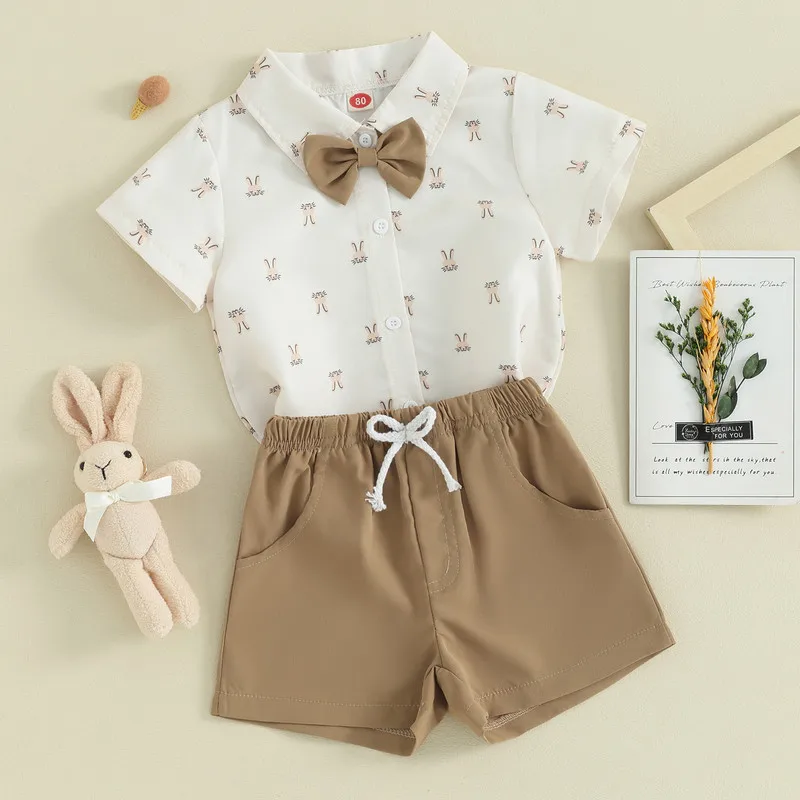 

Baby Boy 2Pcs Gentleman Outfits Short Sleeve Bunny Print Bowtie Shirt + Shorts Set Toddler Clothes