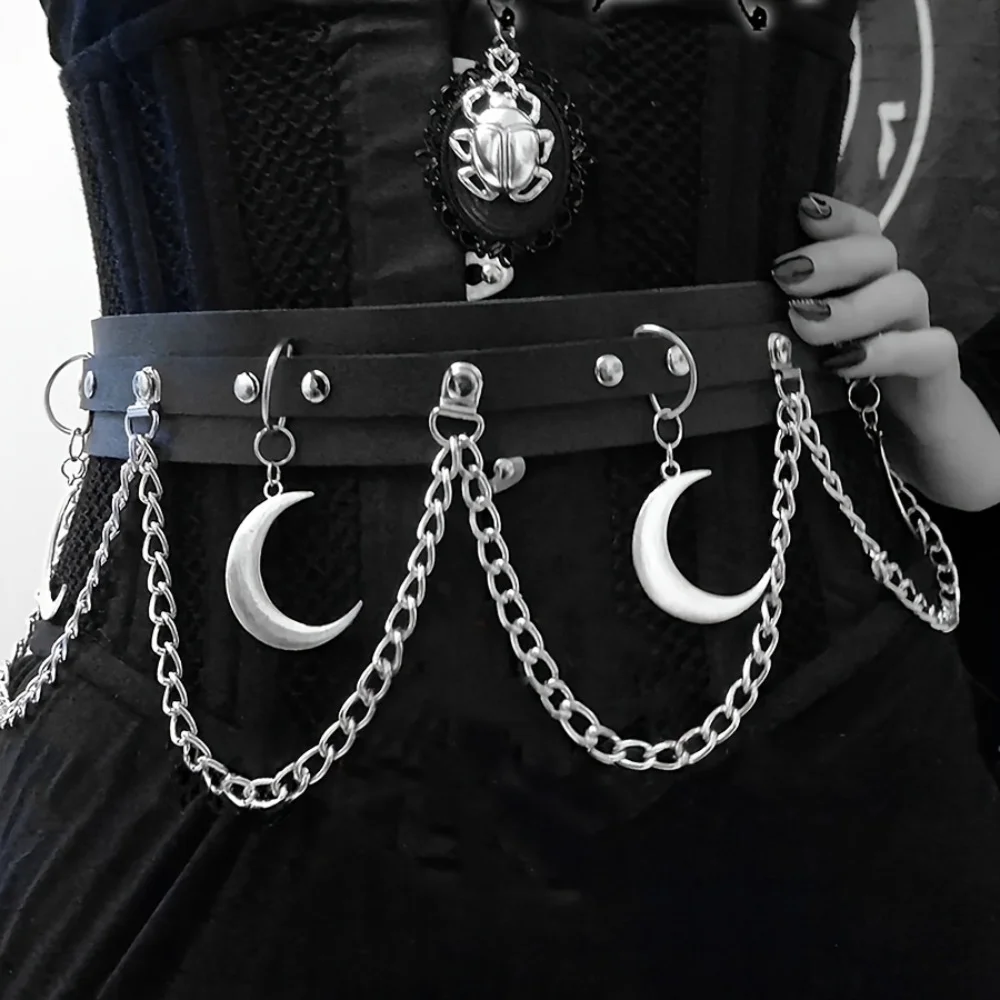 Moon Pendant Chain Fringe Goth Belt Punk Black PU Leather Belts Vintage Waistband For Women Girls_maomaolike.com