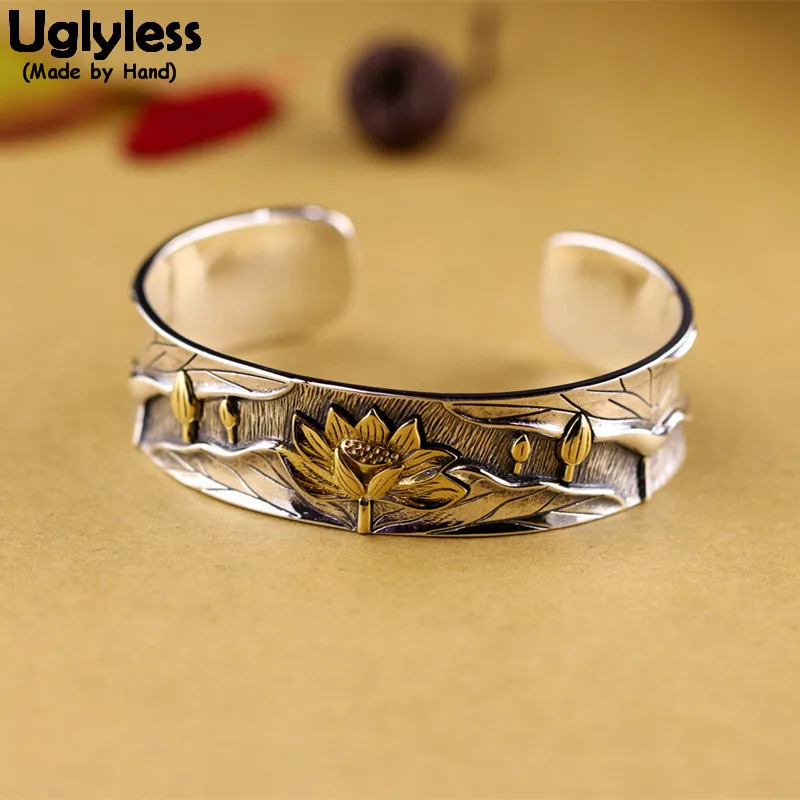

Uglyless China Chic Lotus Flower Leaf Bangles for Women 17MM Width Ethnic Bangles Vintage Solid 925 Thai Silver Buddha Jewelry
