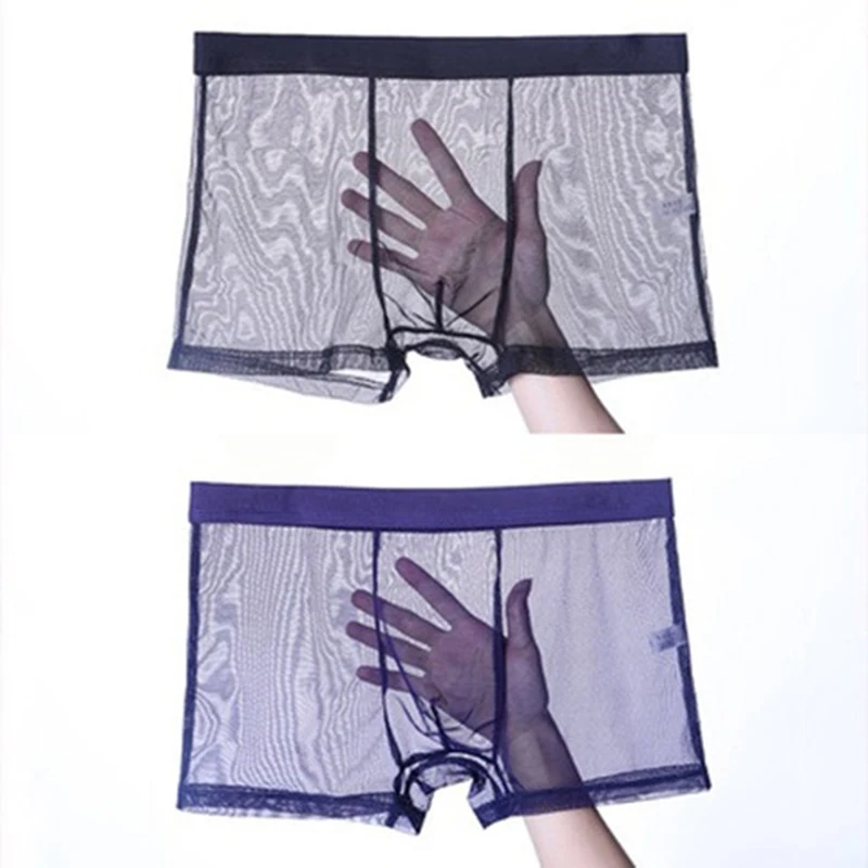 

New Transparent Men's Boxer Briefs Lace Tulle Mesh Large Size Four-Corner Sexy Underwear Seamless Ice Silk Men's Underwear
