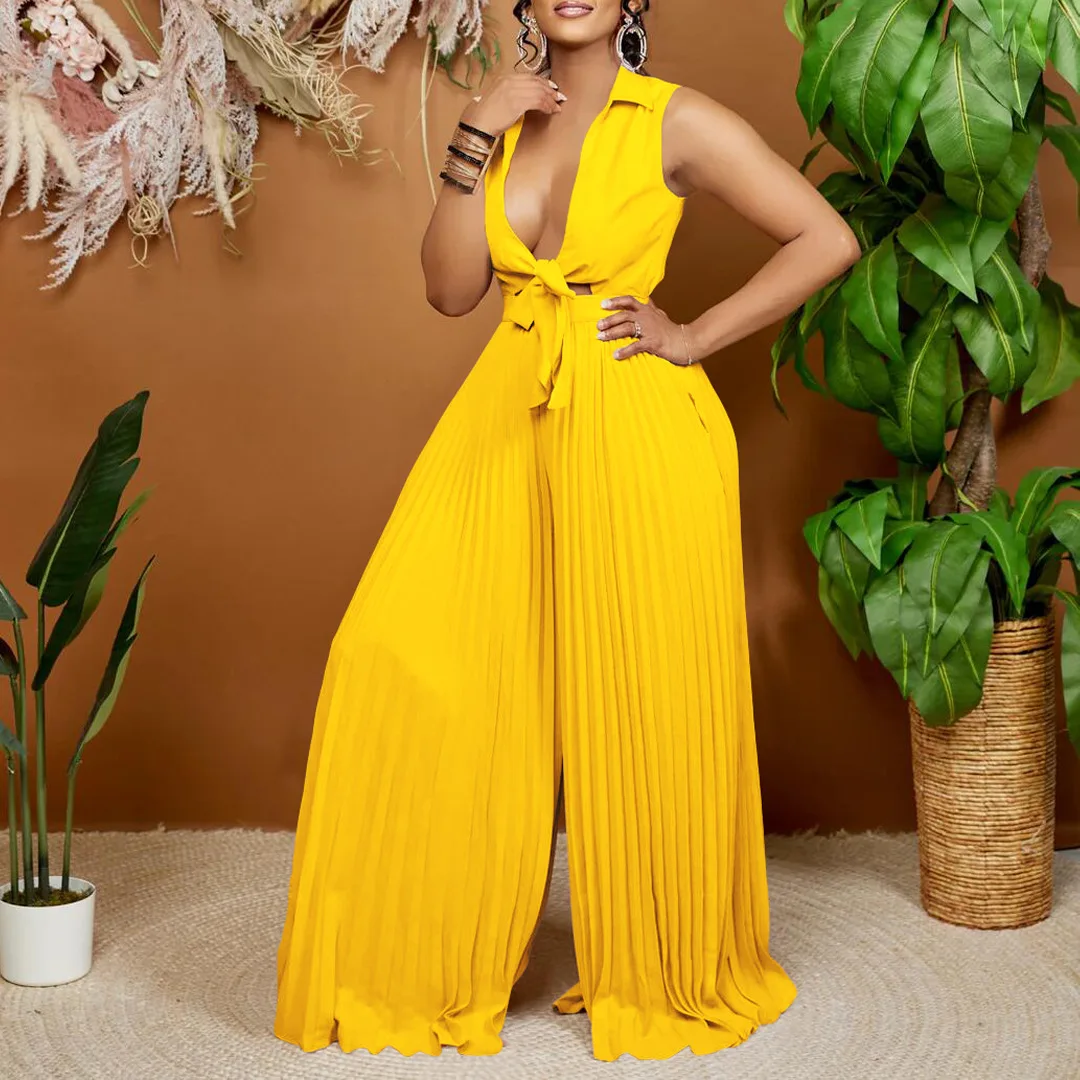 

Wepbel Long-Sleeved Lapel Loose Rompers Pleated Tank Top Summer Fashion Shirt Jumpsuits Women V-neck Wide-Leg Pants Jumpsuit