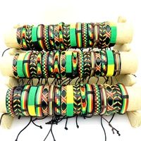 Wholesale 30/50/100pcs Handmade Leather Bracelets Bob Marley Rasta Jamaica Fashion Cuff Jewelry Party Gift Mix Red/Yellow/Green 1